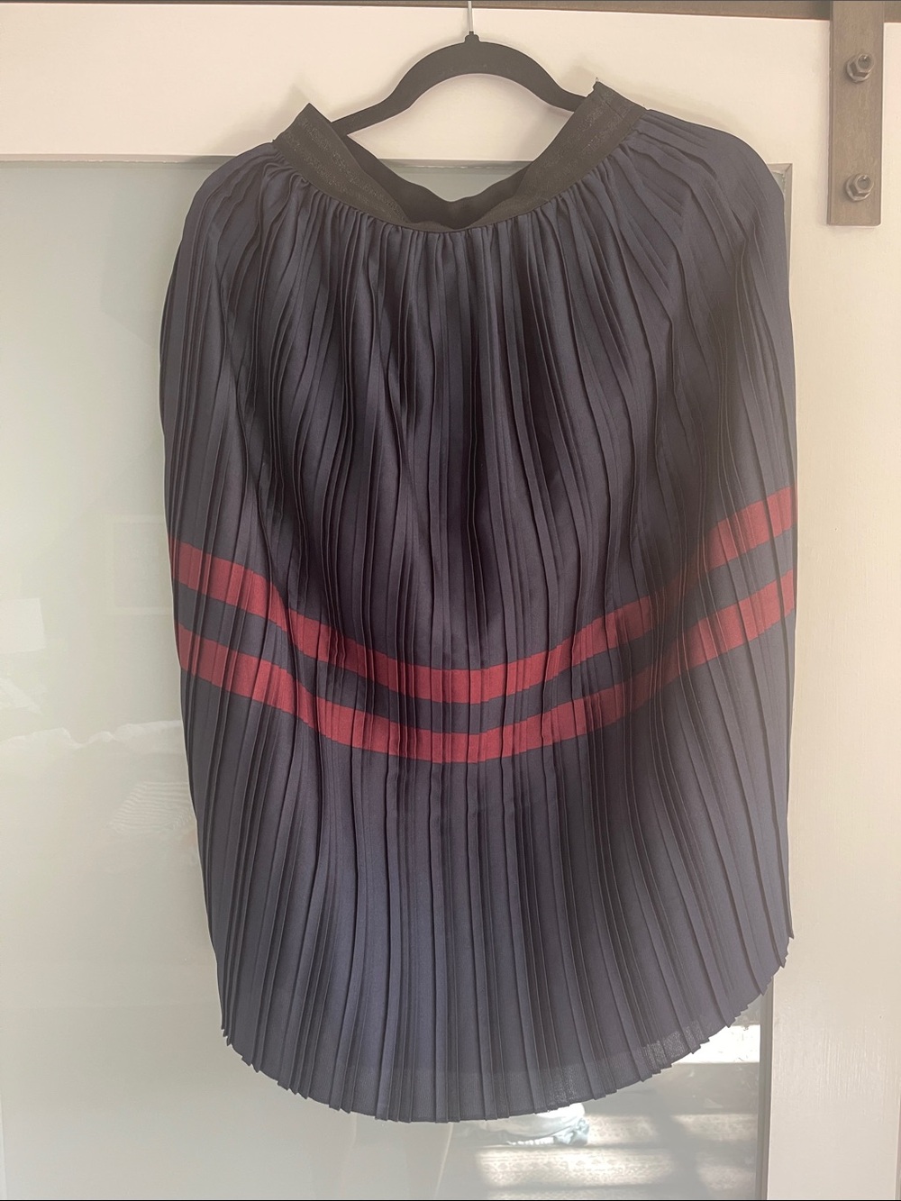 Zara Navy Pleated Skater Skirt with Red Stripes